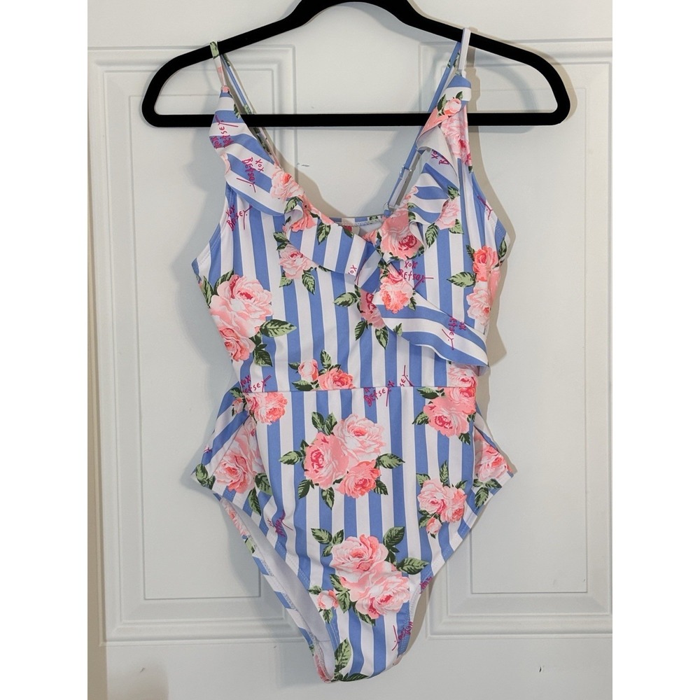 BETSEY JOHNSON‎  Blue White Striped Floral One-Piece Ruffle Swimsuit Women's M